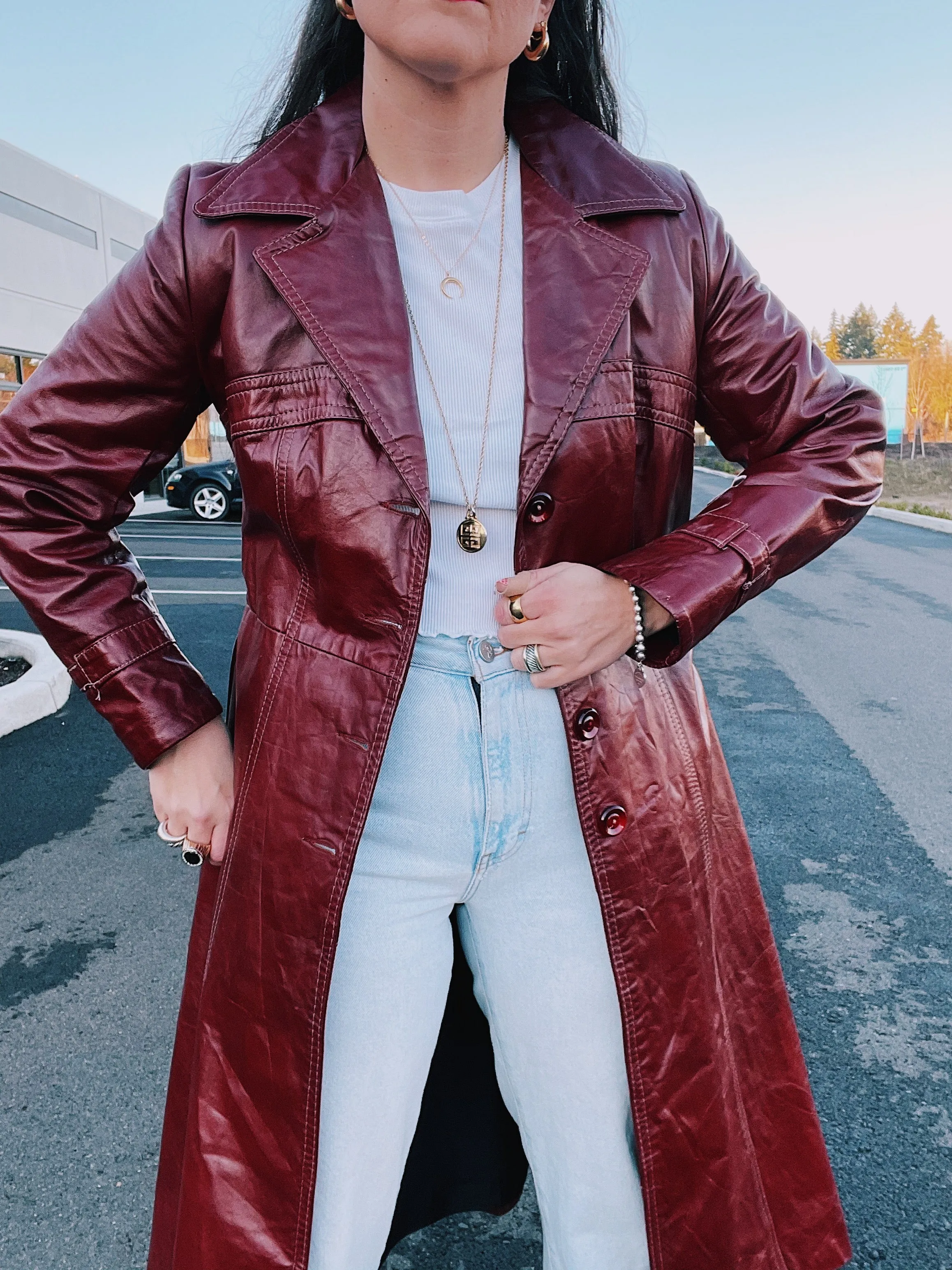 Maroon Faux Leather Trench Coat