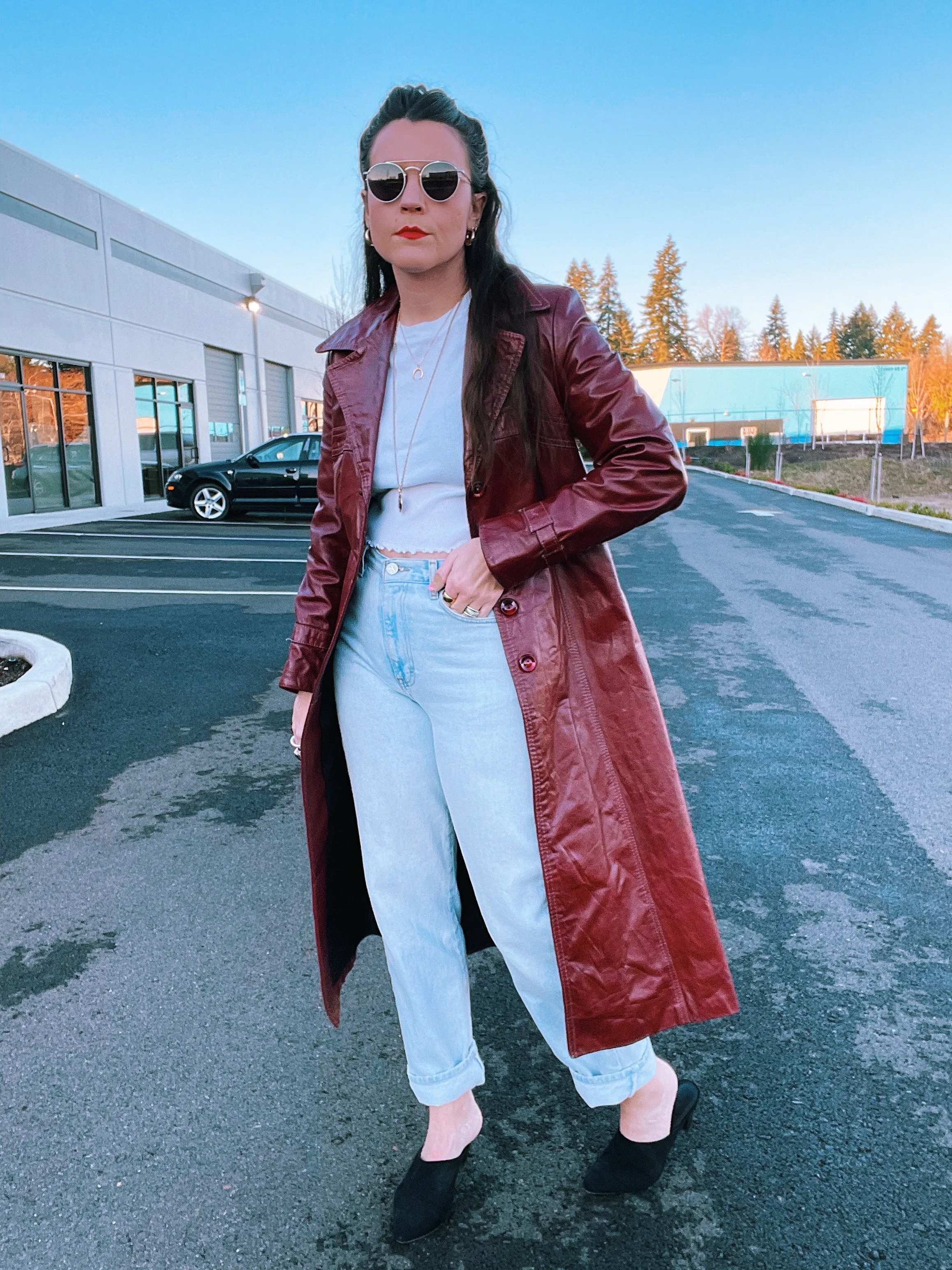 Maroon Faux Leather Trench Coat