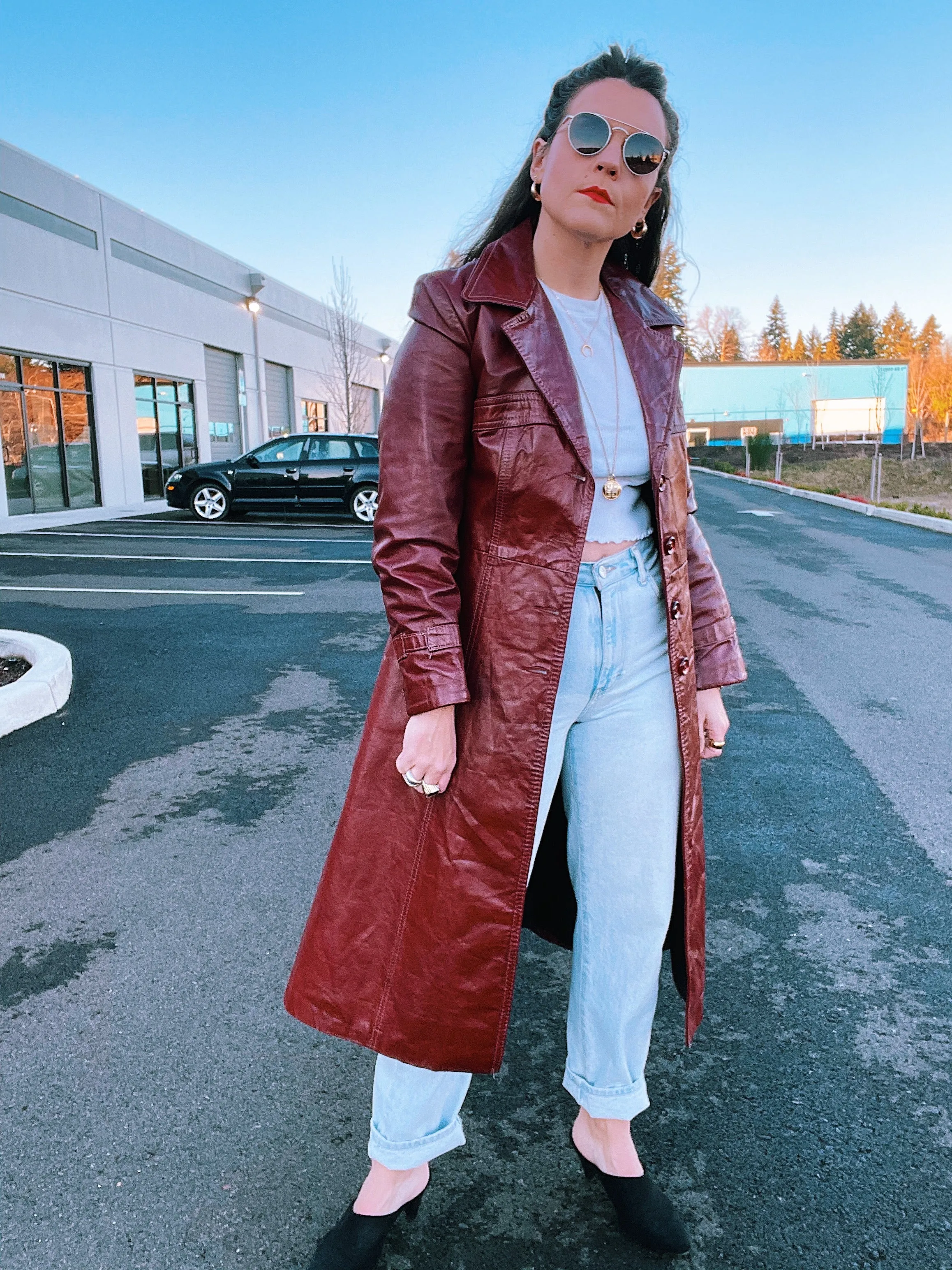 Maroon Faux Leather Trench Coat