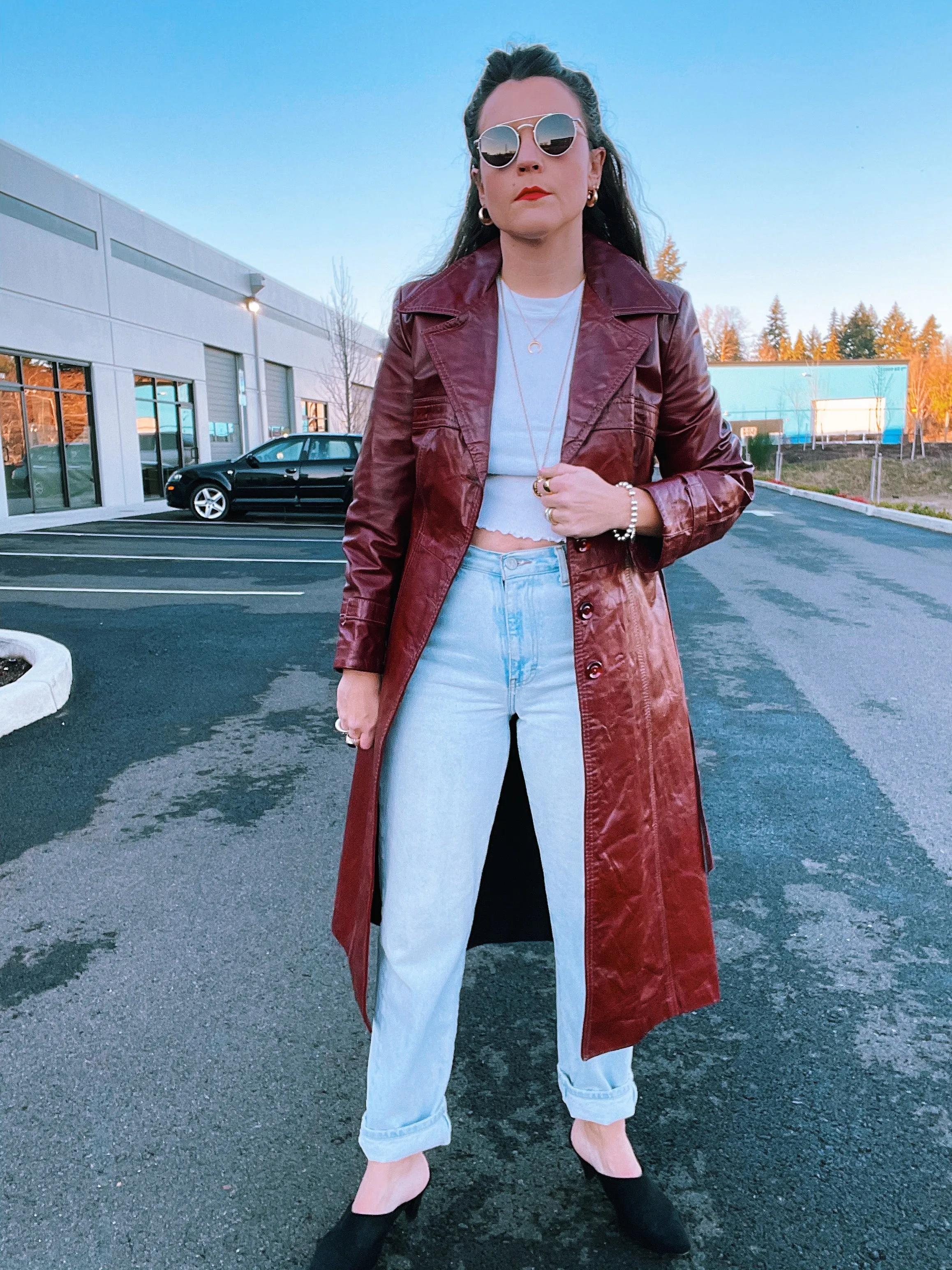 Maroon Faux Leather Trench Coat