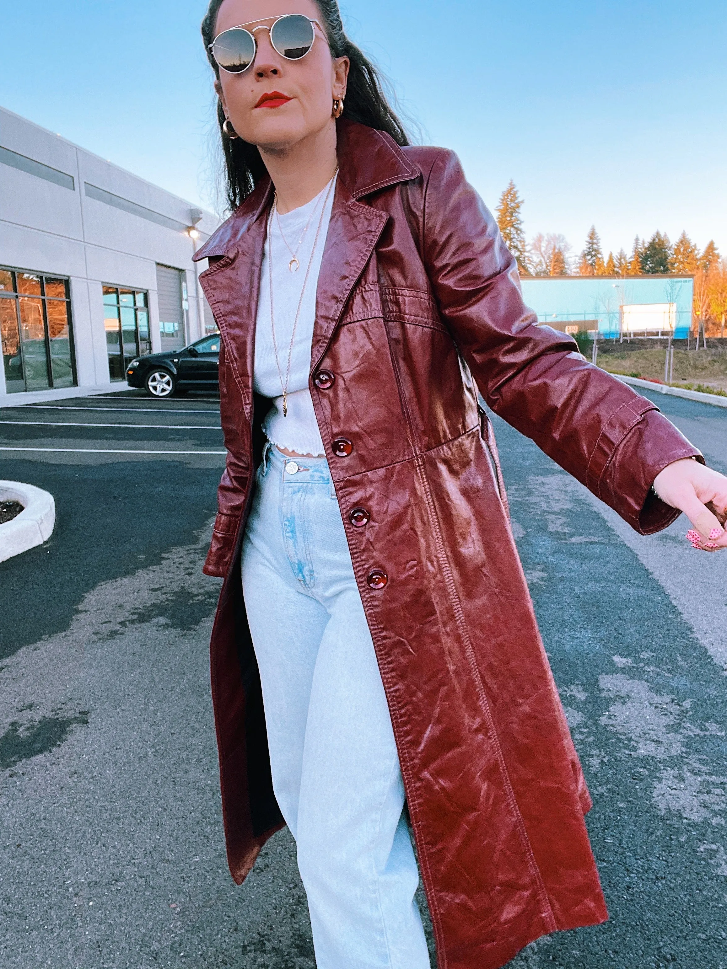 Maroon Faux Leather Trench Coat