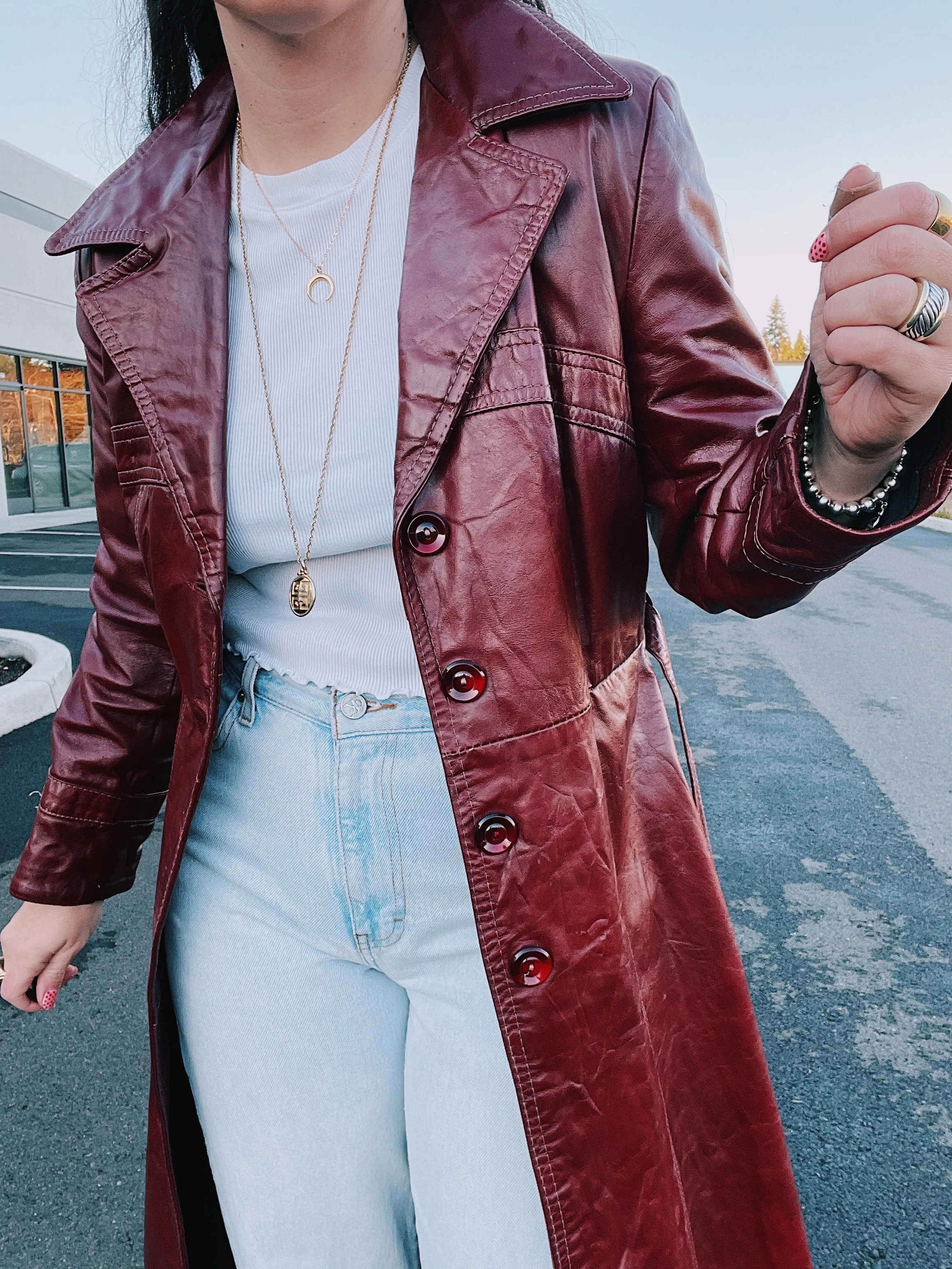 Maroon Faux Leather Trench Coat