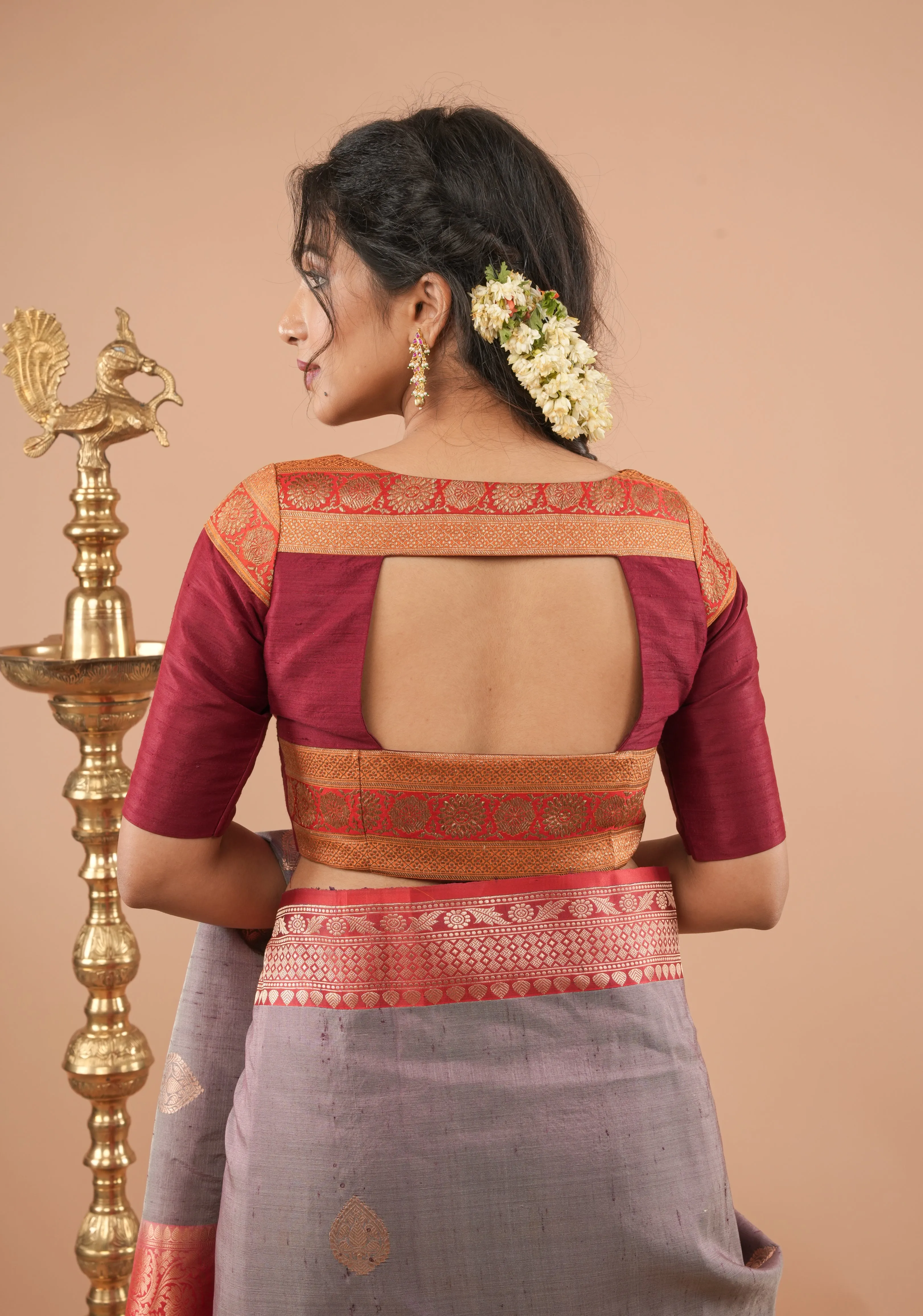 Maroon Pure Raw Silk Blouse With Antique Tone Zari Panel