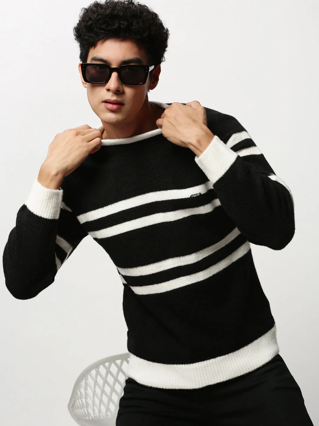 Men Black Striped Casual Sweaters