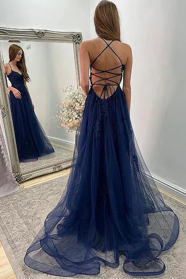 Navy Blue Lace A-line Backless Long Prom Dresses With Slit, Evening Dress, SP853