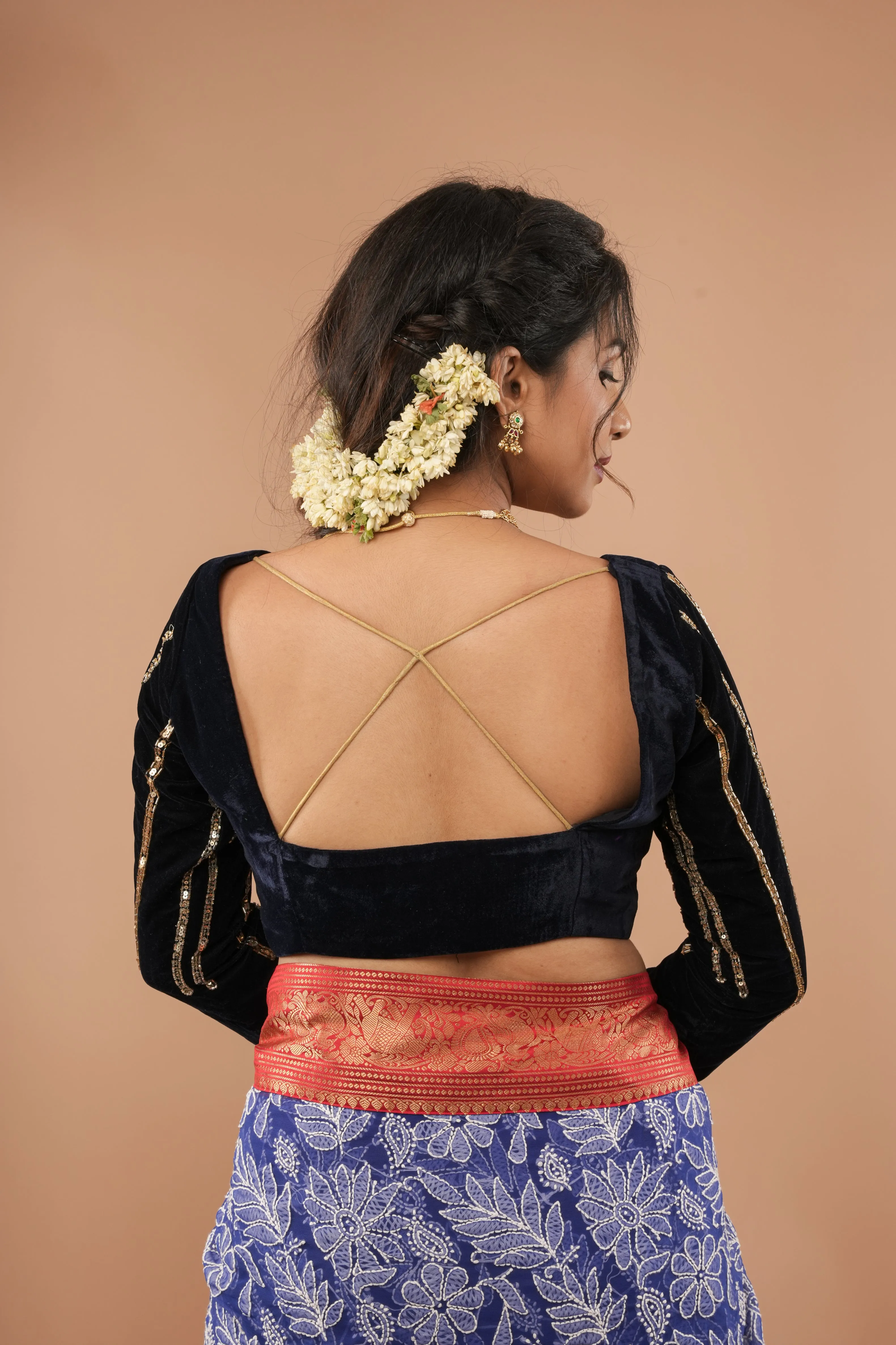 Navy Blue velvet blouse with asymmetric vertical designs sequin handwork | Made to Order