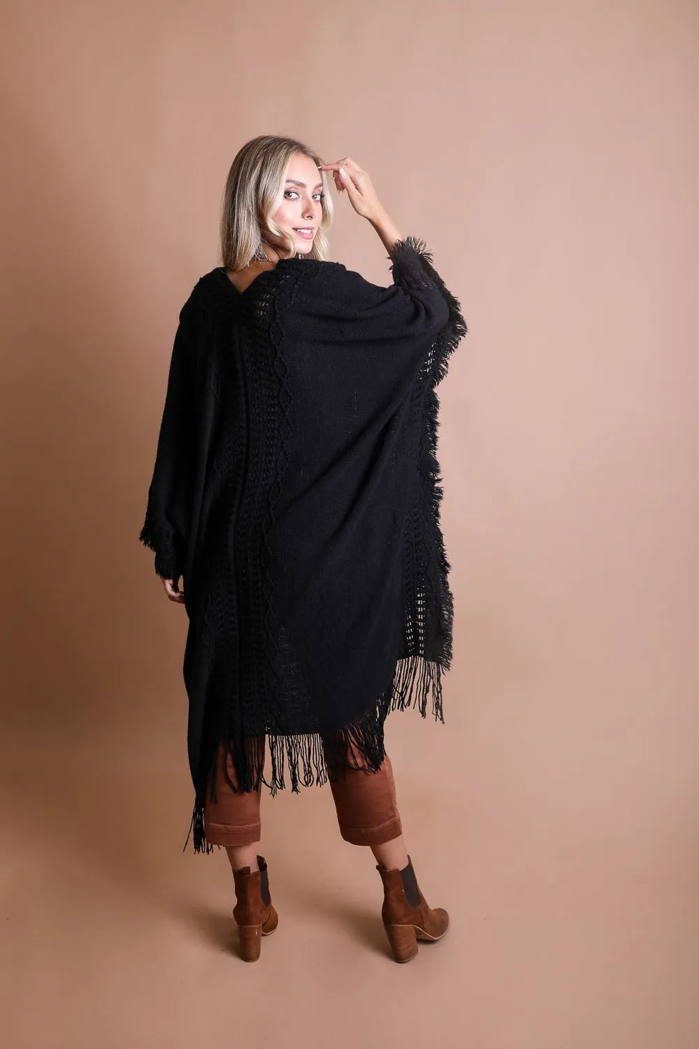 Open Work Frayed Bohemian Ruana