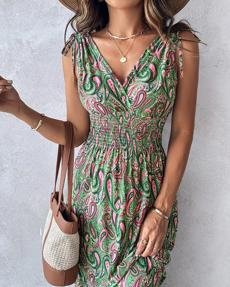 Paisley Print Shirred Drawstring V Neck Casual Dress