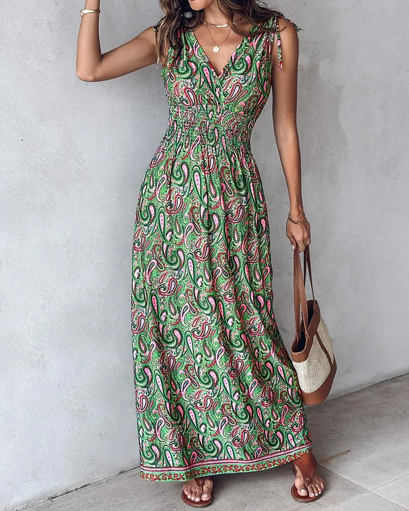 Paisley Print Shirred Drawstring V Neck Casual Dress