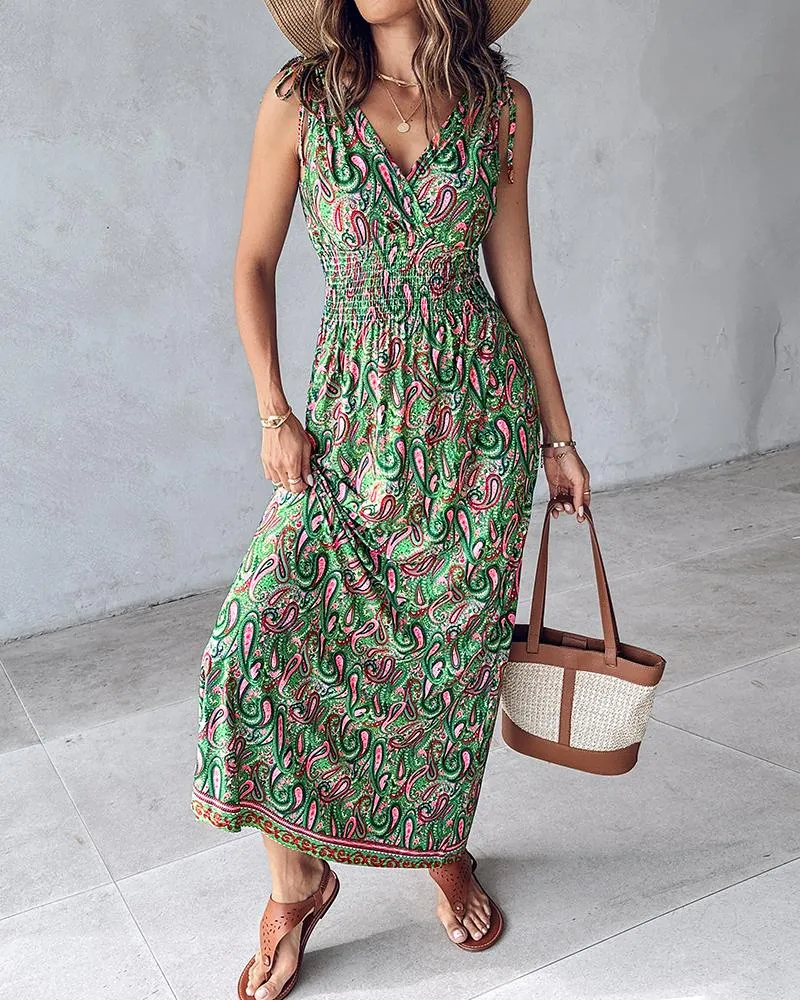 Paisley Print Shirred Drawstring V Neck Casual Dress