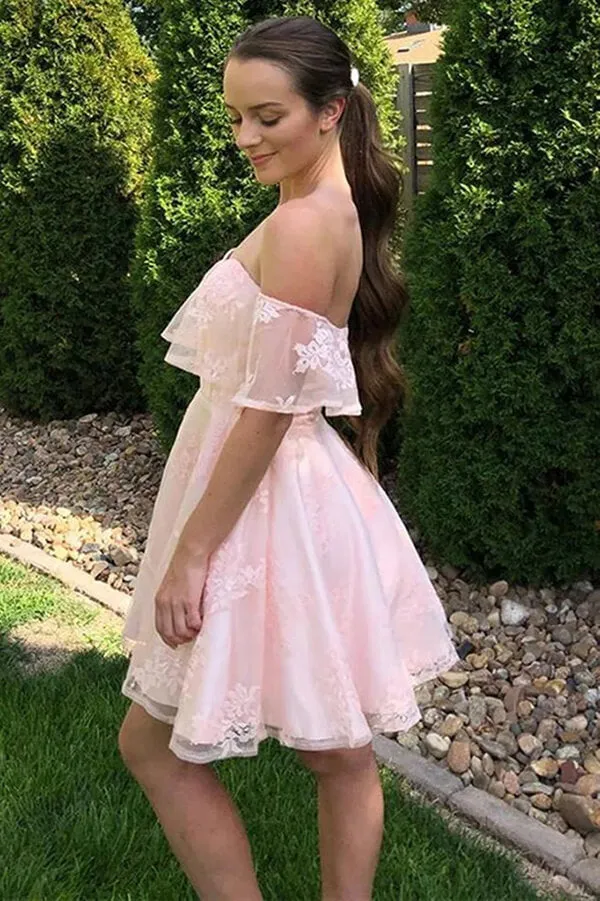 Pink Lace A Line Off the Shoulder Short Prom Dresses, Homecoming Dresses, SH577