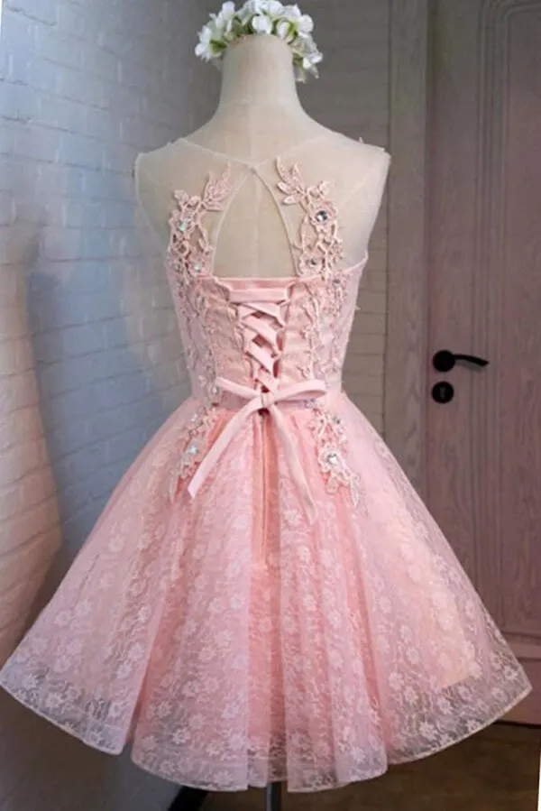 Pink Tulle Lace A-line Round Neck Homecoming Dresses With Beading, SH559