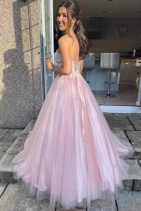 Pink Tulle Lace A-line Strapless Long Formal Dresses, Lace Prom Dresses, SP787