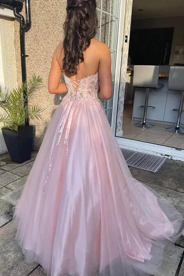 Pink Tulle Lace A-line Strapless Long Formal Dresses, Lace Prom Dresses, SP787