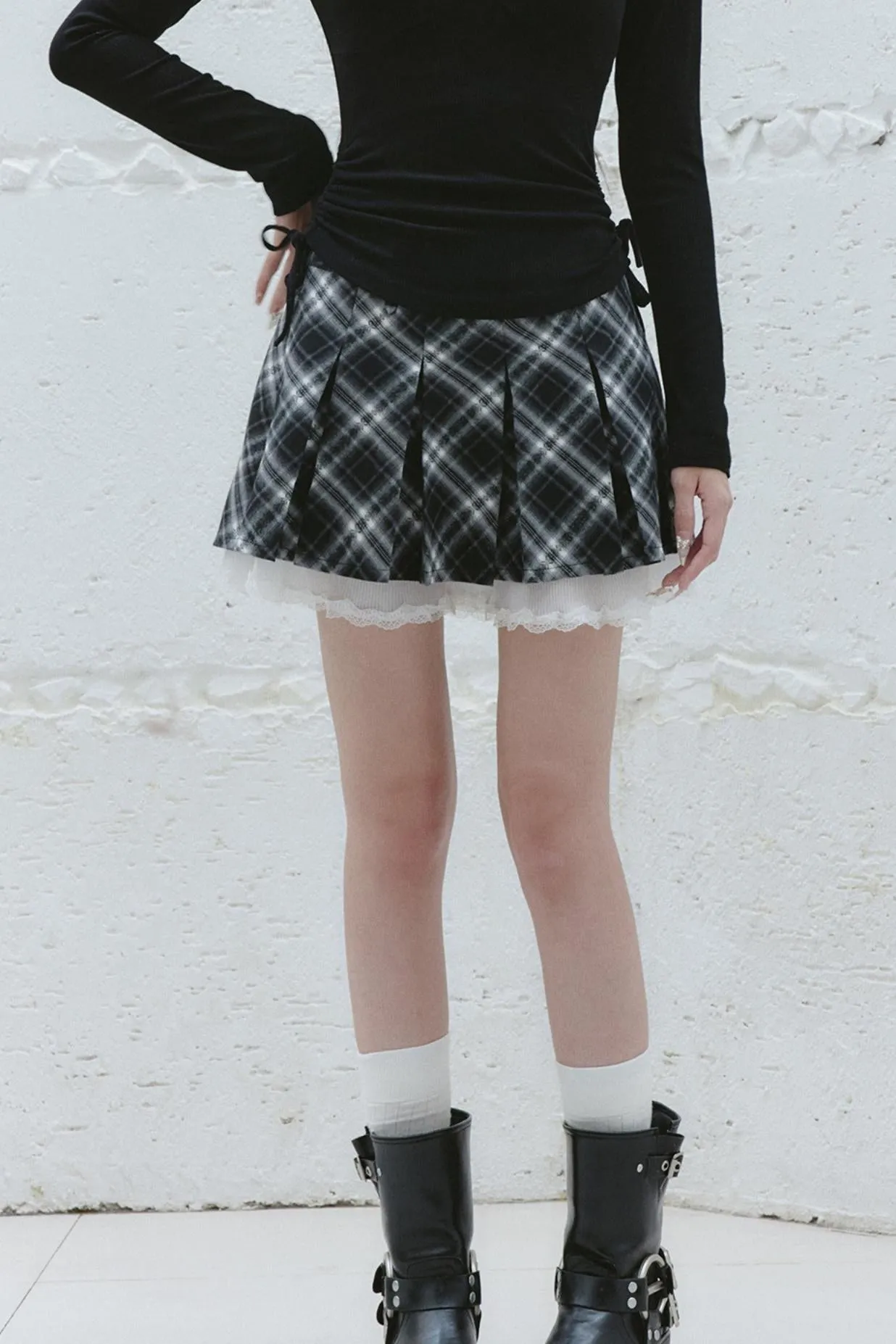 Plaid Lace Trim Mini Skirt