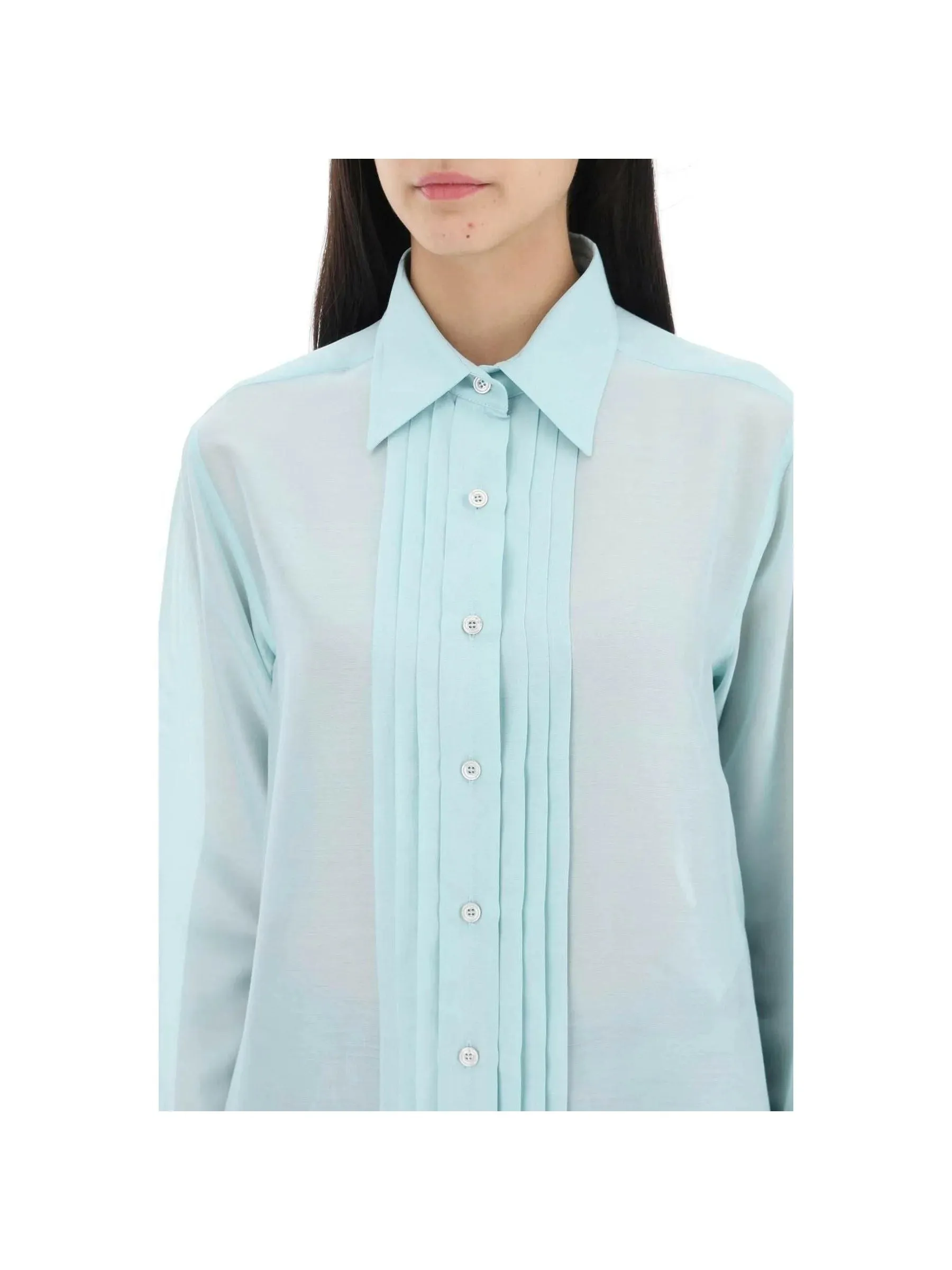 Plisse Plastron Silk Shirt