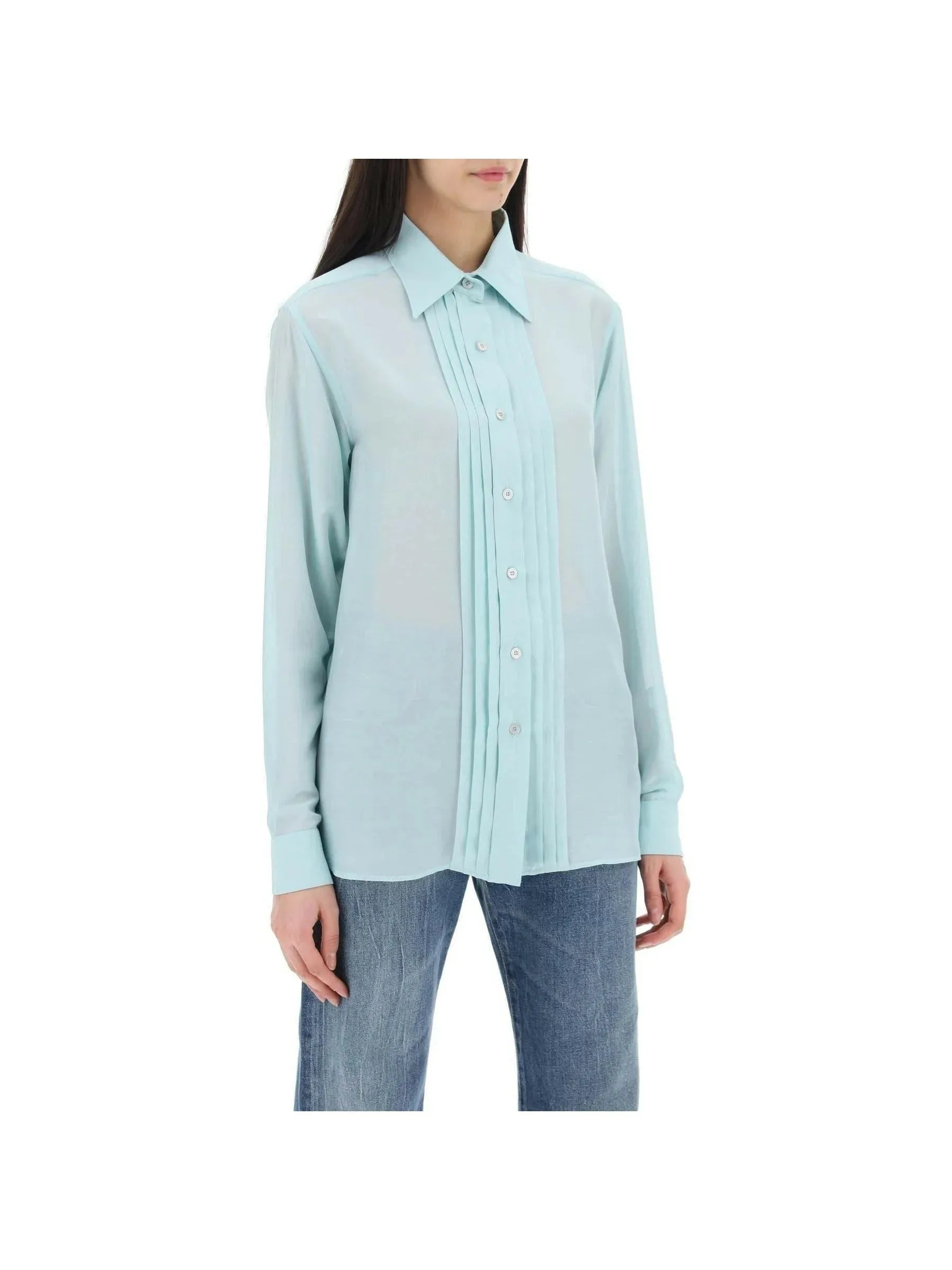 Plisse Plastron Silk Shirt