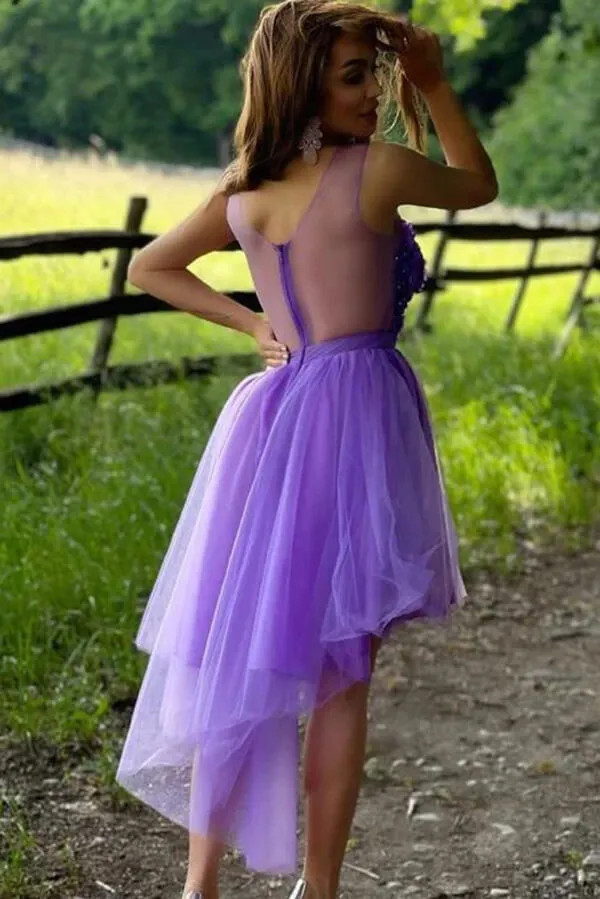 Purple Tulle A-line High Low Hand Made Flowers Short Homecoming Dresses, SH575