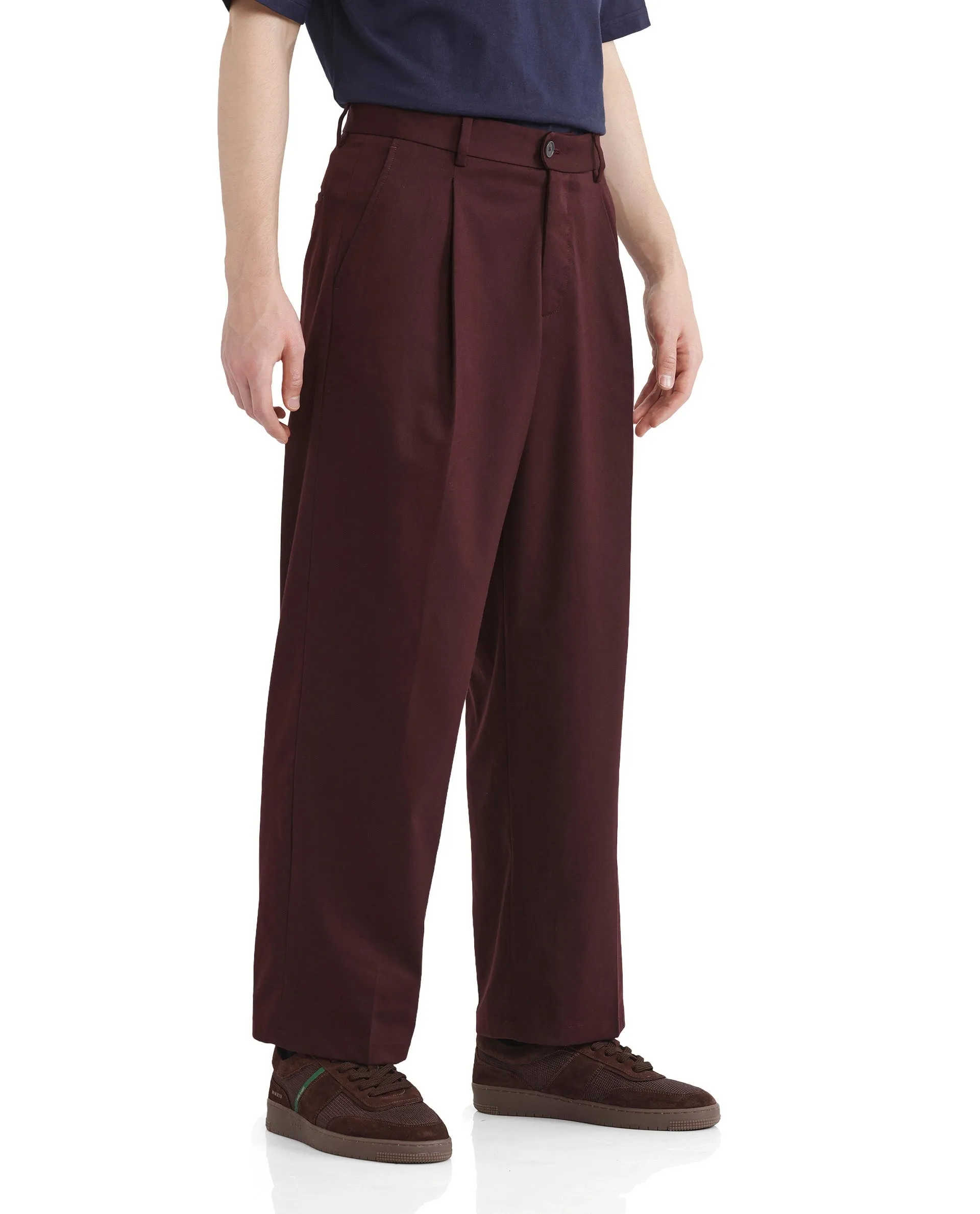 Rare Rabbit Men's Brelint Maroon Cotton Blend Fabric Plain Trouser