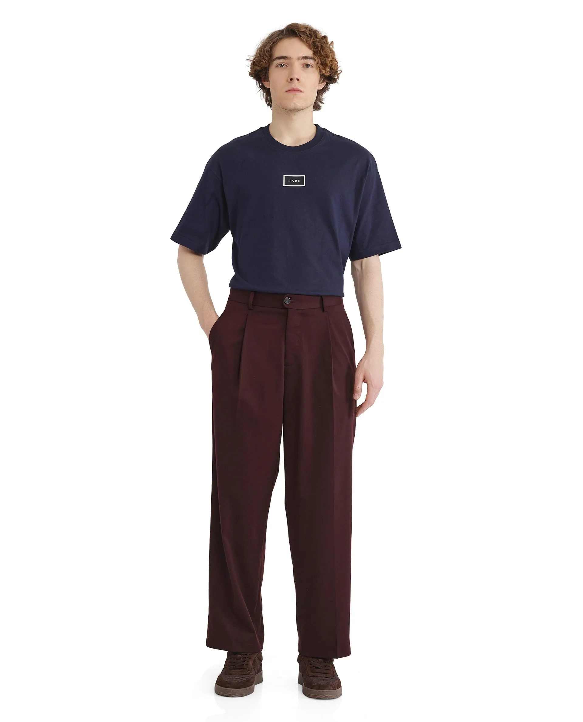 Rare Rabbit Men's Brelint Maroon Cotton Blend Fabric Plain Trouser