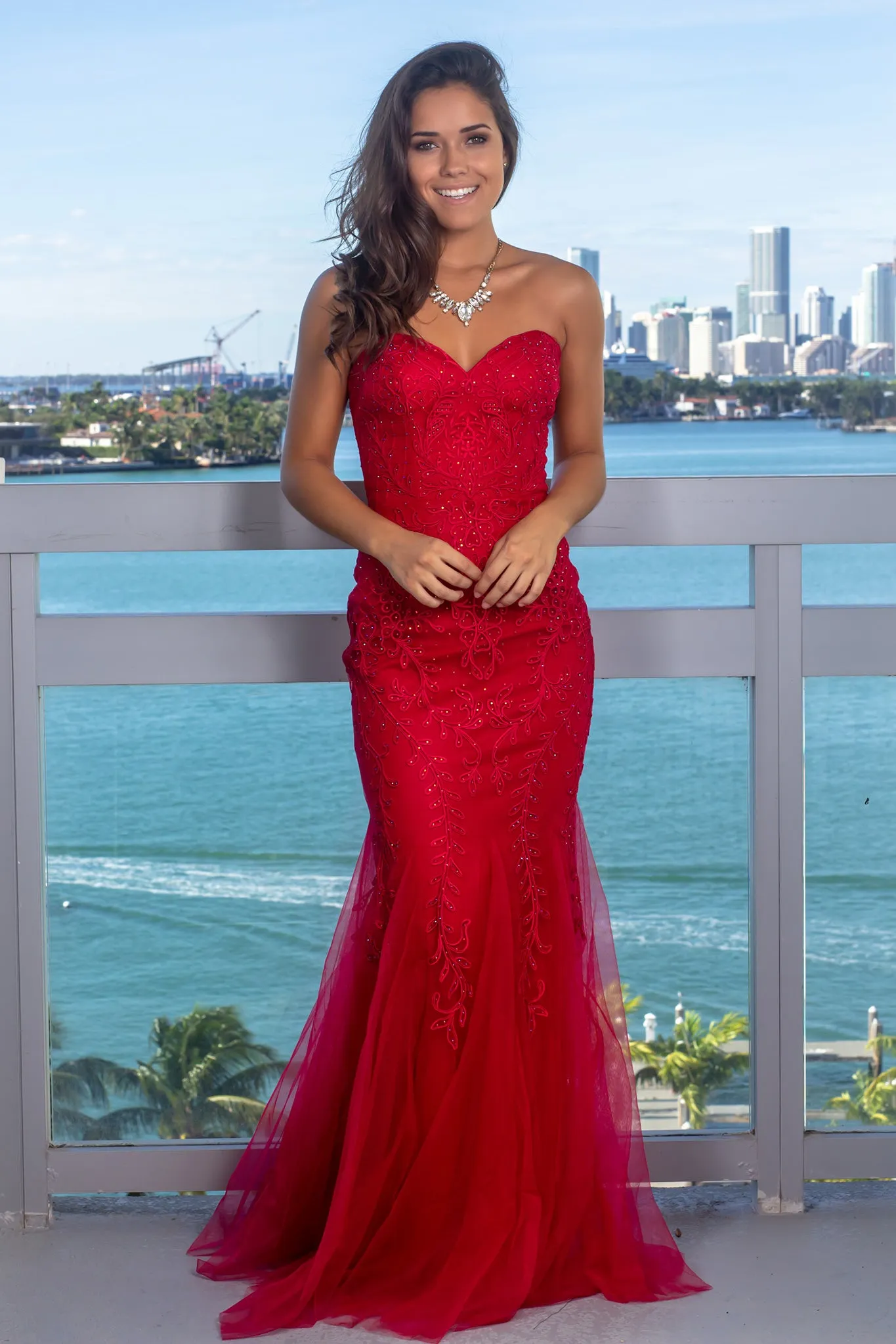 Red Strapless Tulle Maxi Dress