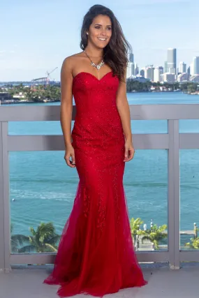 Red Strapless Tulle Maxi Dress