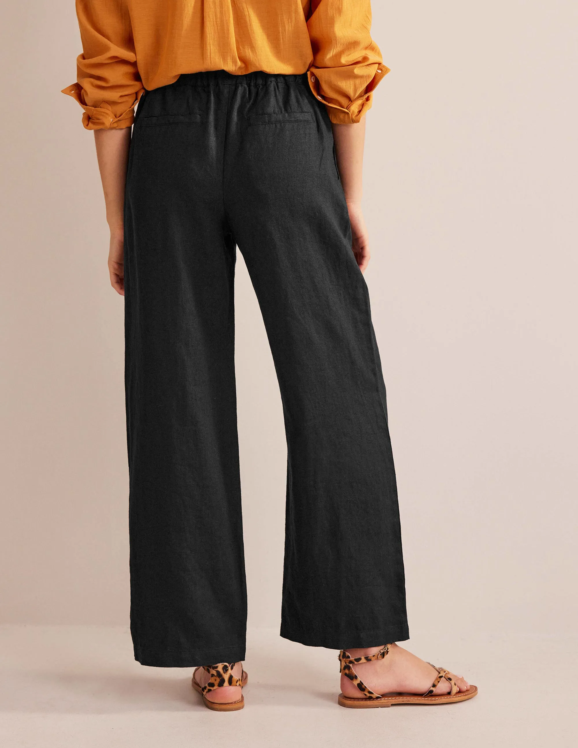 Relaxed Pull-on Linen Trousers-Black