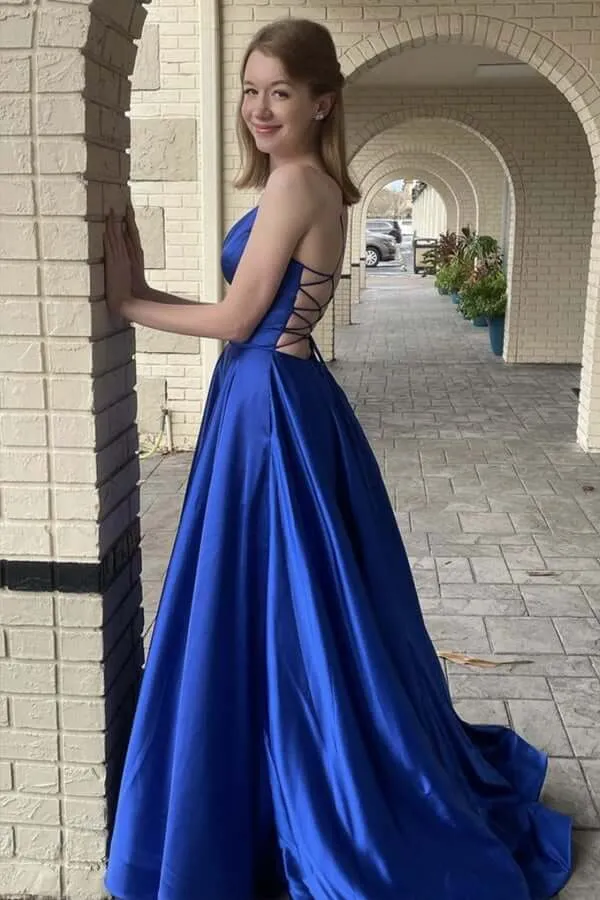 Royal Blue Satin A-line V-neck Prom Dresses, Evening Gown With Pockets, SP727