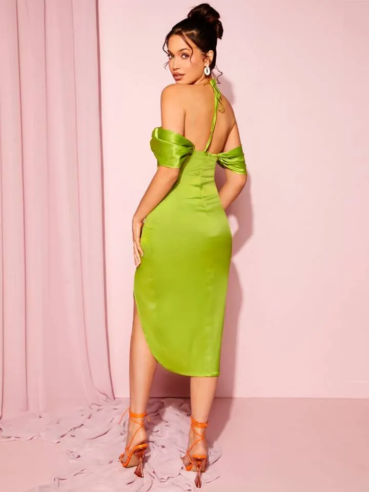 Ruched wrap hem halter dress in green