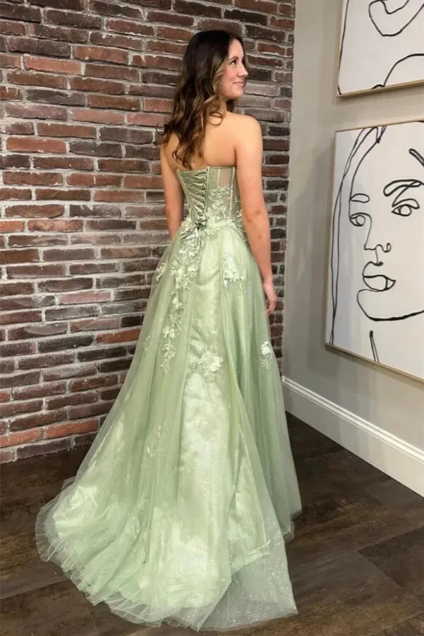 Sage Green Tulle A-line Strapless Floral Lace Long Prom Dresses With Slit, SLP012