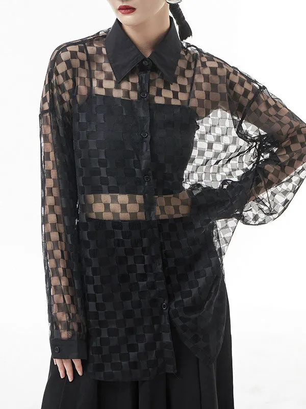 See-Through Long Sleeves Loose Lapel Blouses&Shirts Tops