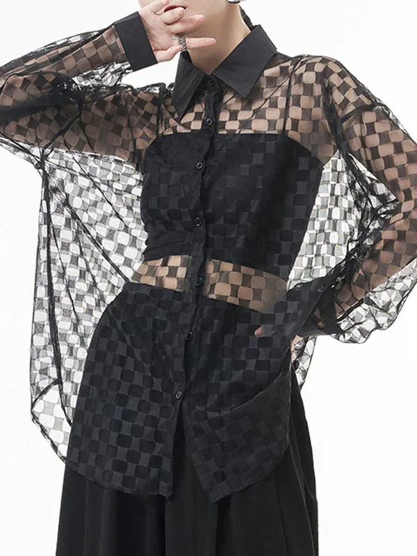 See-Through Long Sleeves Loose Lapel Blouses&Shirts Tops