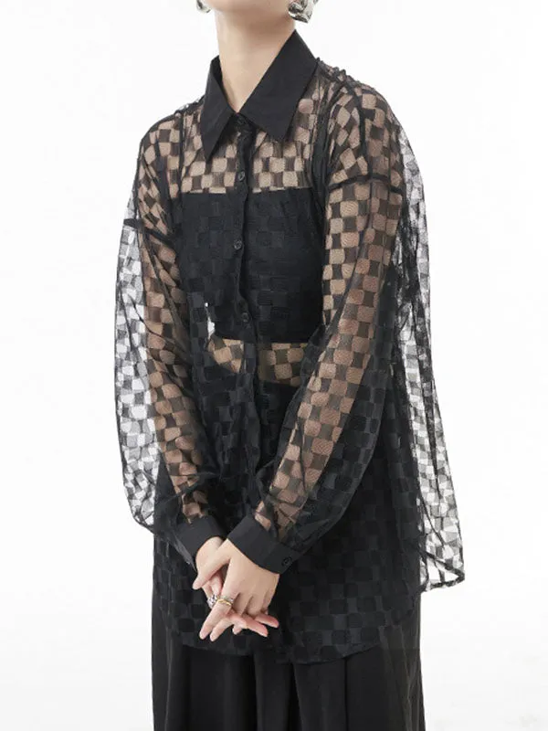 See-Through Long Sleeves Loose Lapel Blouses&Shirts Tops