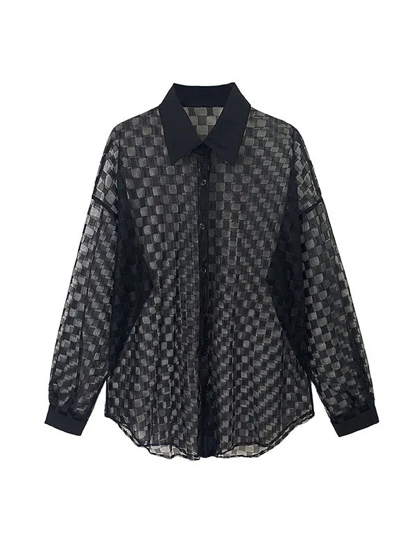 See-Through Long Sleeves Loose Lapel Blouses&Shirts Tops