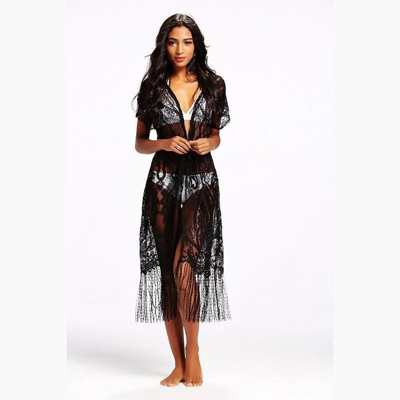 Sexy Lace Short Sleeve Tassel Beach Bikini Cover Up