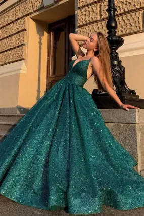 Shiny Green Ball Gown V-neck Cheap Prom Dresses, Long Formal Dresses, SP779