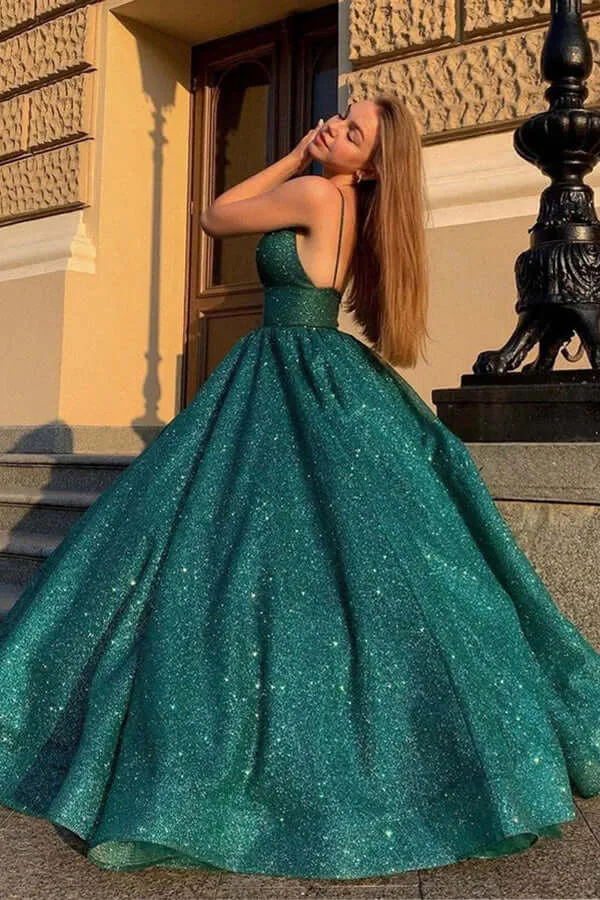 Shiny Green Ball Gown V-neck Cheap Prom Dresses, Long Formal Dresses, SP779