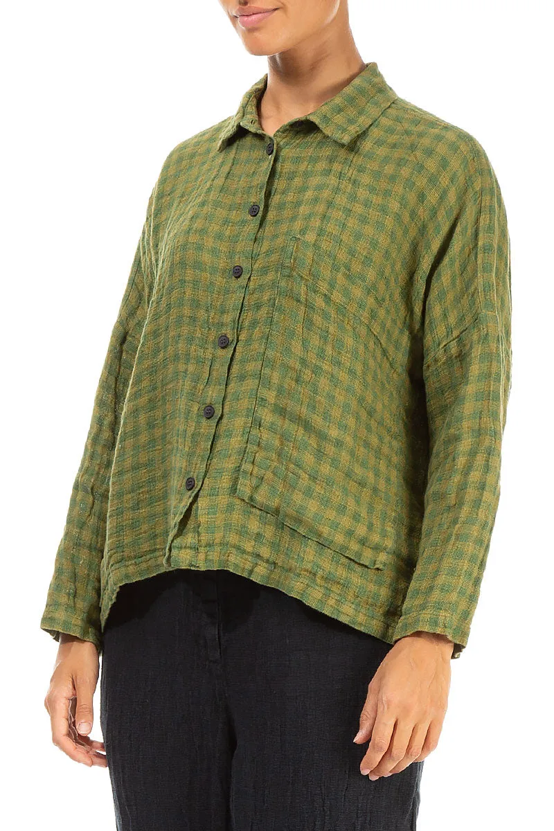 Side Pocket Green Check Linen Shirt