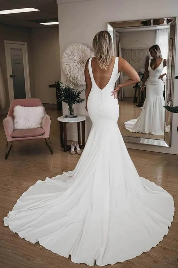 Simple Satin Mermaid V-neck Wedding Dresses With Train, Bridal Gown, SW496