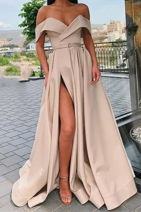 Simple Satin Off Shoulder Front Split Floor Length Prom Dresses Party Dresses, SP610