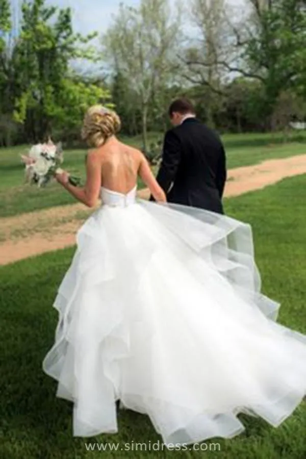 Simple White Organza Ruffled Ball Gown Sweetheart Floor Length Wedding Dress, SW321