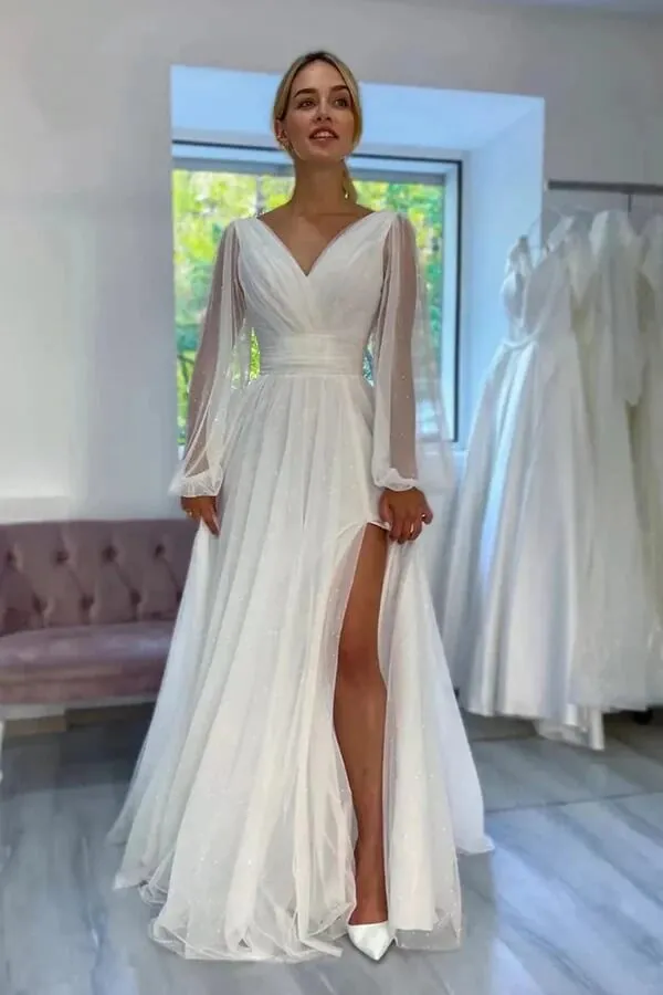 Sparkly A Line V Neck Long Sleeves Beach Wedding Dresses With Slit, SW691