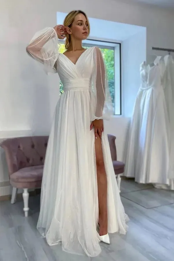 Sparkly A Line V Neck Long Sleeves Beach Wedding Dresses With Slit, SW691