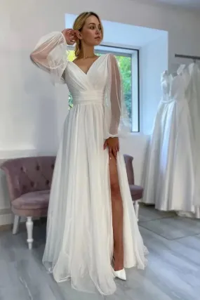 Sparkly A Line V Neck Long Sleeves Beach Wedding Dresses With Slit, SW691