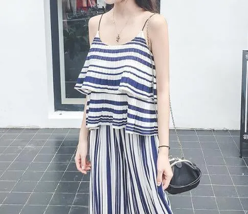 Stripe Spaghetti Strap Tops High Waist Wide Leg Pants 2 Pieces Set