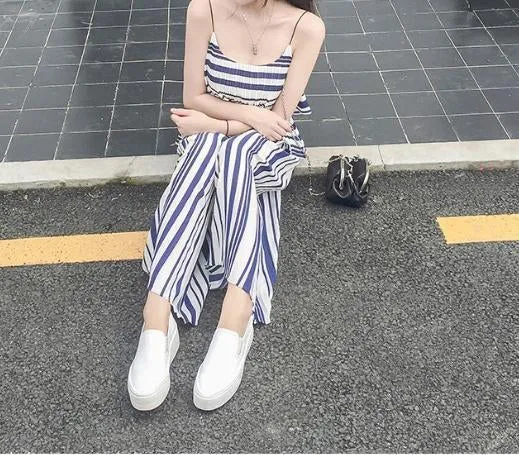 Stripe Spaghetti Strap Tops High Waist Wide Leg Pants 2 Pieces Set