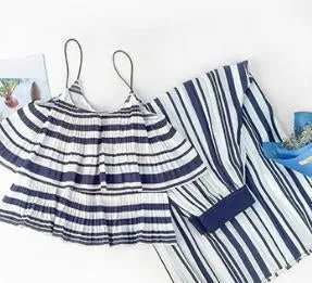 Stripe Spaghetti Strap Tops High Waist Wide Leg Pants 2 Pieces Set