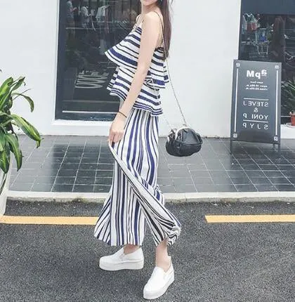 Stripe Spaghetti Strap Tops High Waist Wide Leg Pants 2 Pieces Set