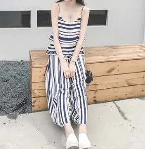 Stripe Spaghetti Strap Tops High Waist Wide Leg Pants 2 Pieces Set