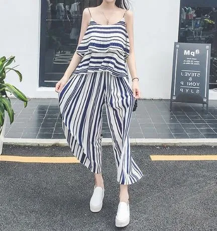 Stripe Spaghetti Strap Tops High Waist Wide Leg Pants 2 Pieces Set